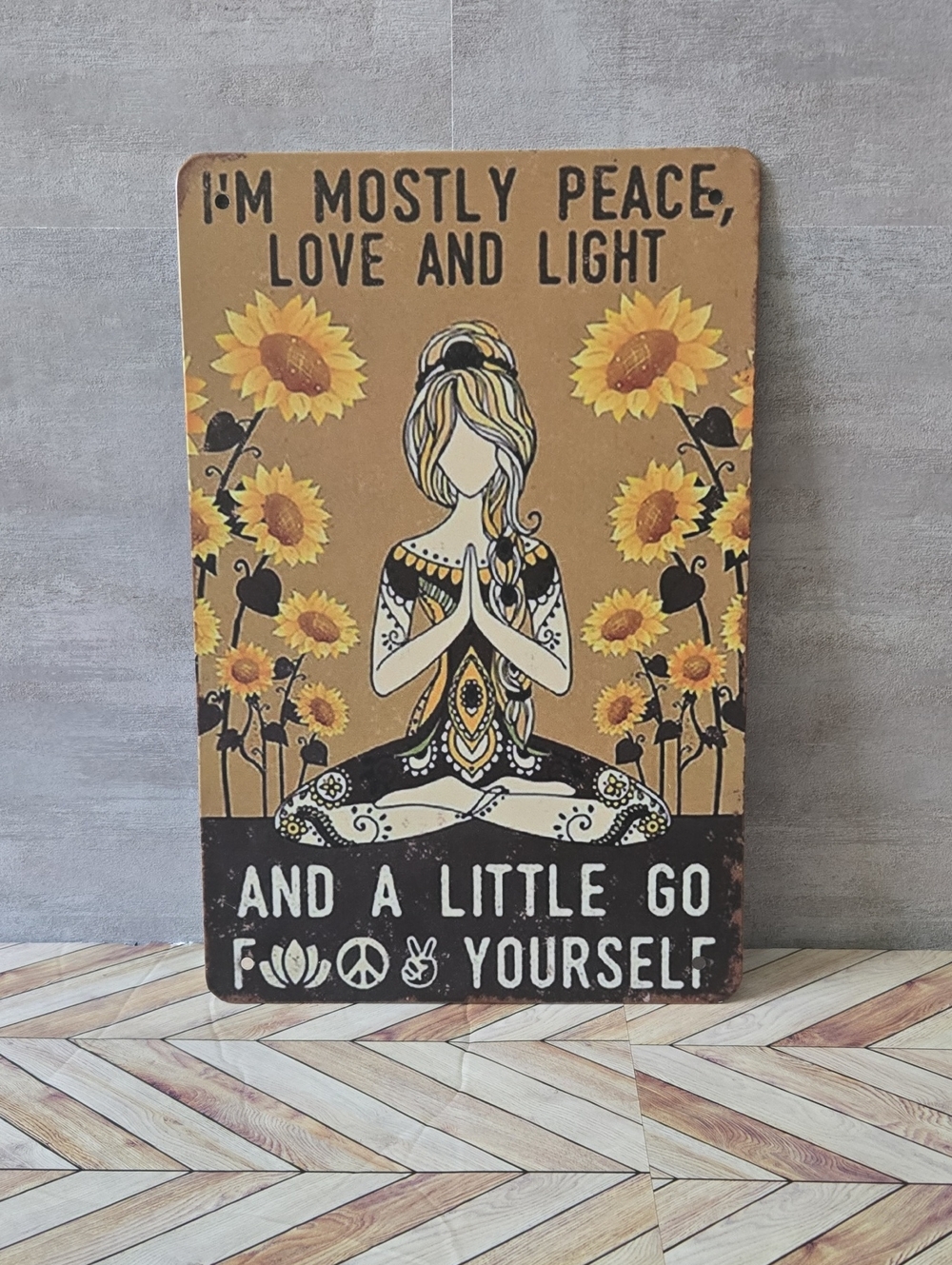 Funny Yoga Metal Sign Sunflower Peace Love Light Sarcastic Zen Decor Retro